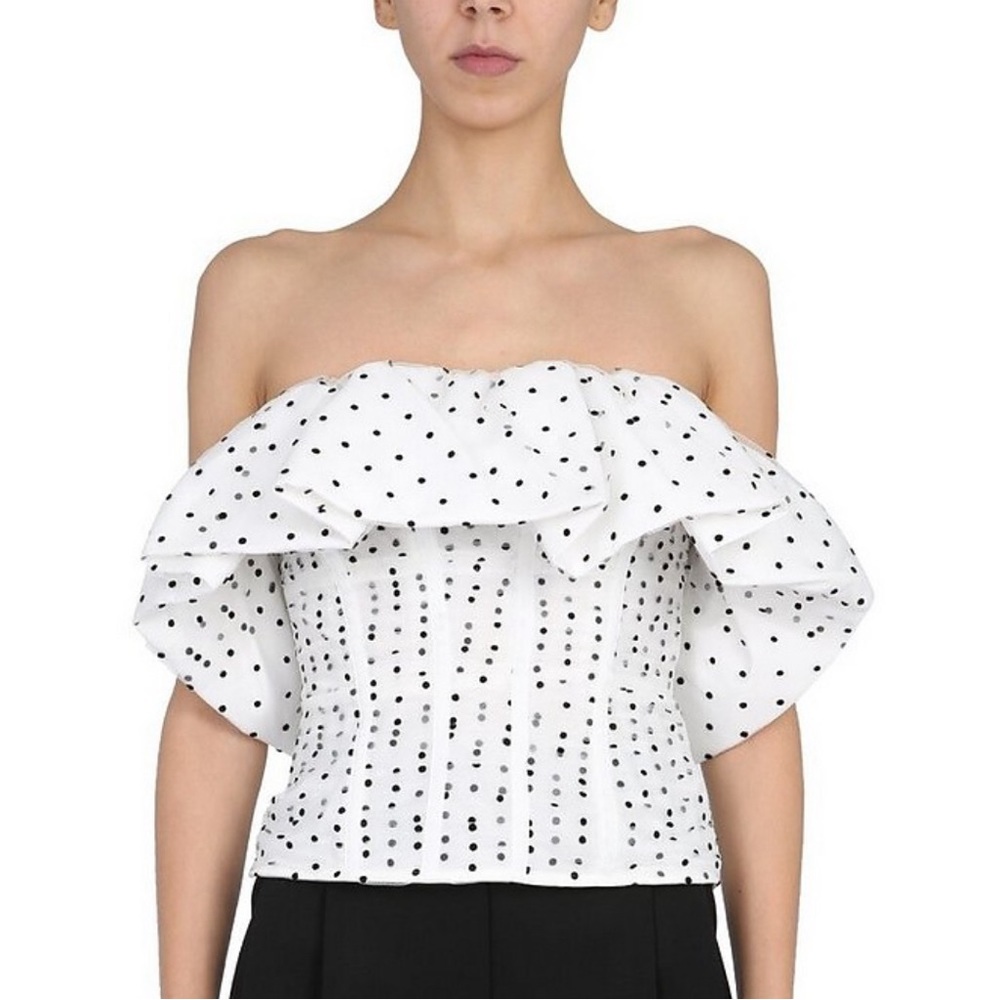Self-Portrait White and Black Polka Dot Off-Shoulder Top